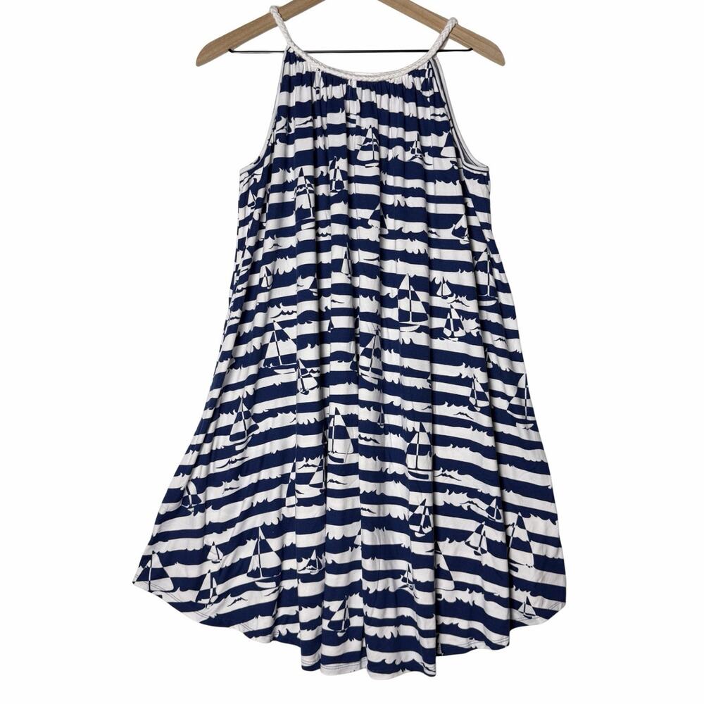 Indigo Soul Dress Blue Sailboat Striped Swing Nautical Sundress Women's size L